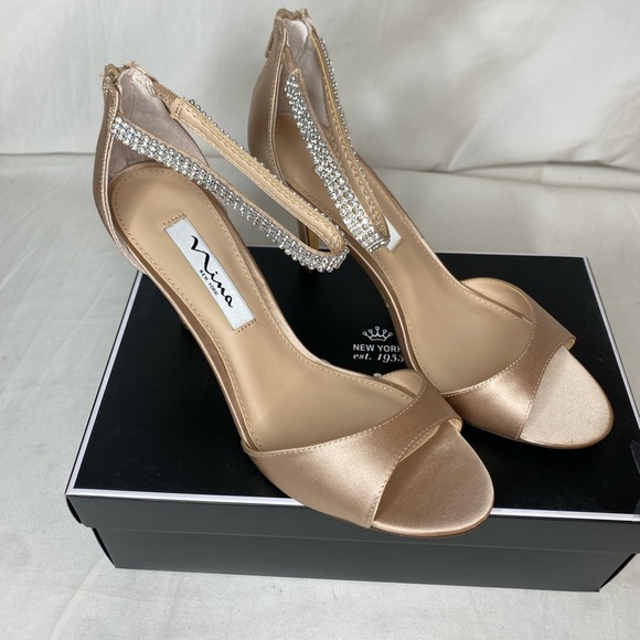Women Nina Champagne Crystal Satin Ankle Strap High Heel Sandal 7.5M - Picture 3 of 9